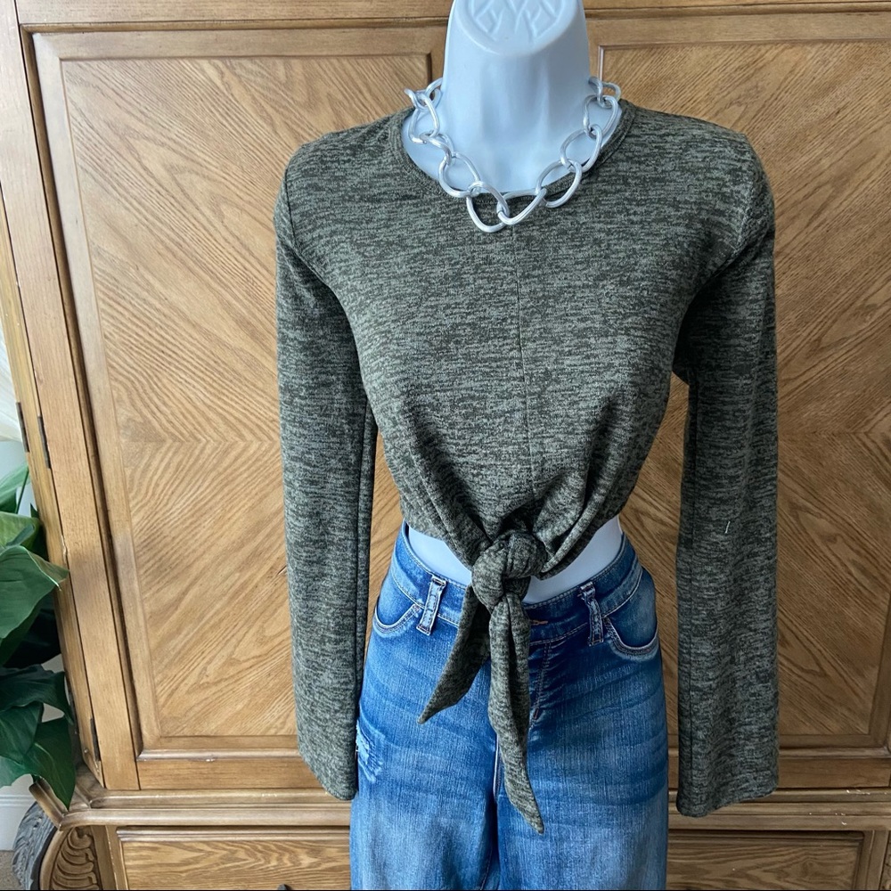 Sky and Sparrow Olive Green Crop Knot Tie Knit Sweater